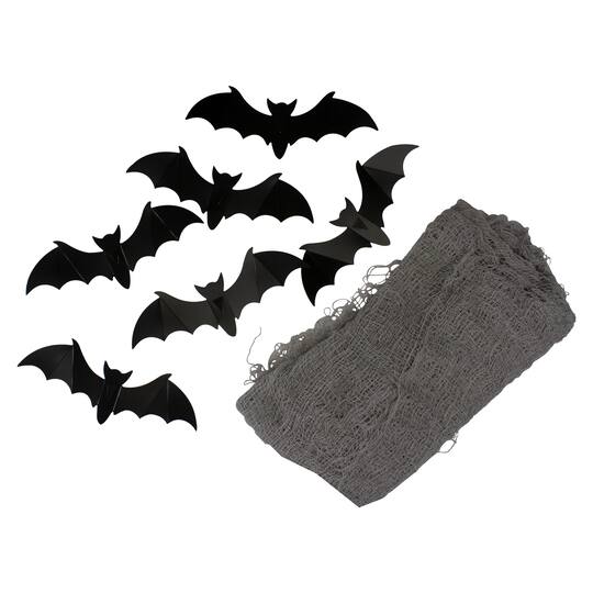 Northlight; 9.75ft. Gray Gauze and Bats Halloween Decoration Kit; Category:Halloween Props; Image:1